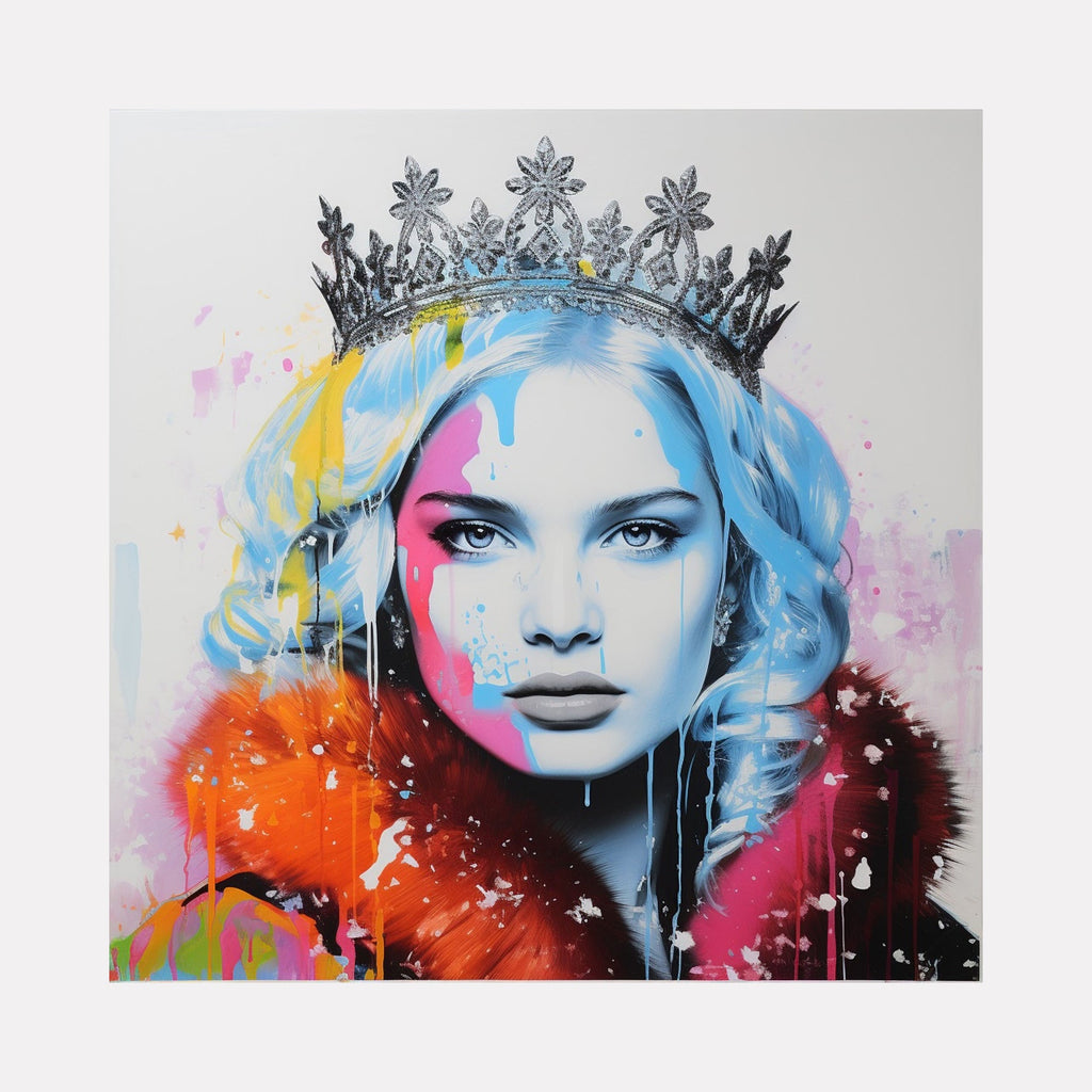 The artwork "Princess Ice" by Claudia Sauter in gallery position 1 features a striking mixed media portrait of a regal woman with icy blue hair and a detailed silver crown. Bold splashes of vibrant pink, orange, and yellow contrast with the cold palette, blending expressive drips and textures reminiscent of Jenny Saville and Kehinde Wiley’s portraiture intensity.