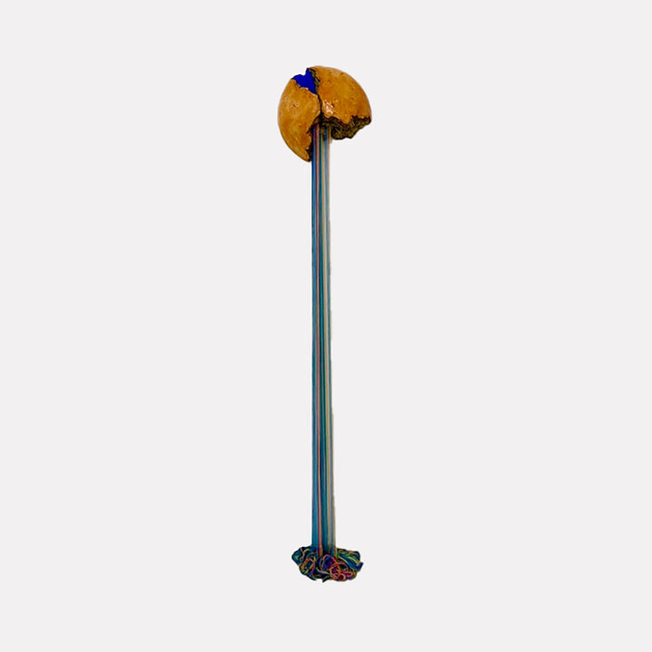 The artwork "PROXIMAL" by Nora Chavooshian features a tall, slender sculpture measuring 74 inches in height and 14 inches in width. It consists of a textured, earthy-toned, partially cracked spherical top with a vibrant blue accent, supported by long, thin strands of multicolored cotton threading that cascade downward, anchored by a colorful bundled base.