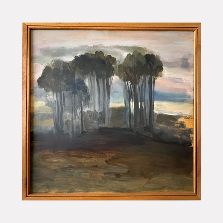 PULVER'S STAND by Diane Love portrays a quiet grove of tall trees with soft, diffused lighting and muted earth tones. The serene landscape blends subtle shadows and gentle brushstrokes to evoke a calm, early evening atmosphere, inviting contemplation of nature’s quiet presence.