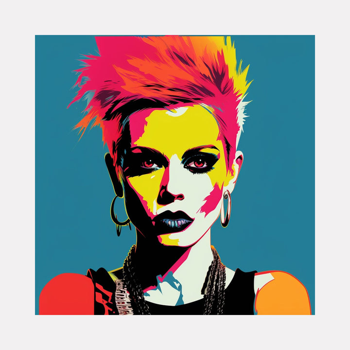 The artwork "Punk Woman" by Claudia Sauter in gallery position 1 features a striking mixed media portrait of a woman with sharp, neon pink and yellow spiked hair contrasted against a deep blue backdrop. The bold use of contrasting shadows and graphic shapes evokes the pop art intensity of Andy Warhol and the edgy styles of Robert Indiana.