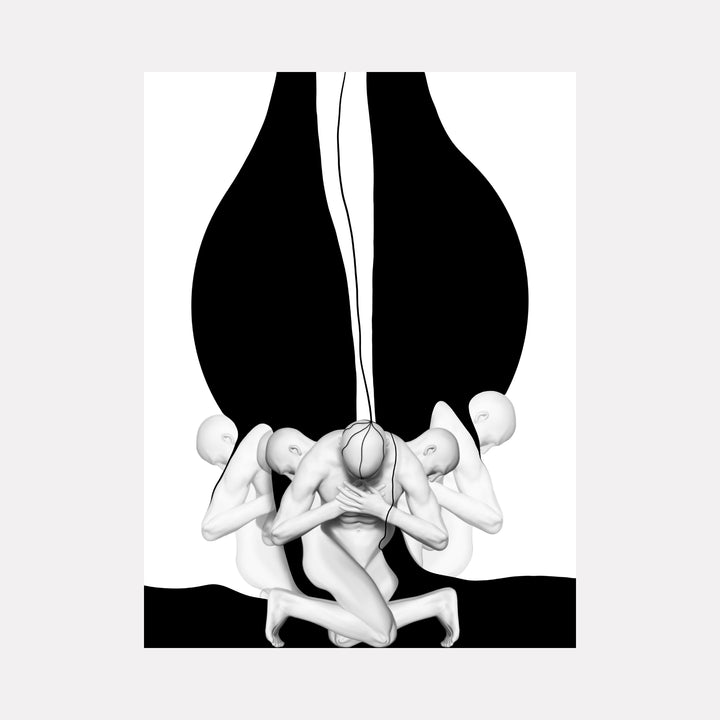 Parallel Realities (recto) by Maria Sanchez depicts intertwined pale human figures in a contemplative pose against a stark black shape, exploring themes of connection and duality through minimalist contrast and flowing lines in contemporary art.