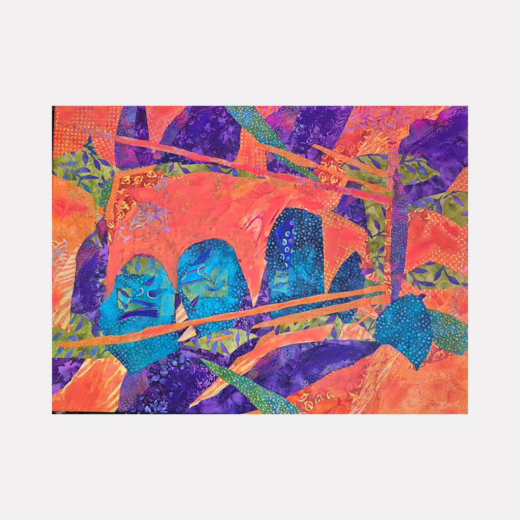 The artwork "Paris Underground" by James Ehling features an abstract landscape with vibrant orange, deep purple, and teal hues. Textured shapes suggest archways and layered forms, blending organic and geometric patterns. The style evokes the bold color contrasts of Henri Matisse and the expressive abstraction of Wassily Kandinsky.