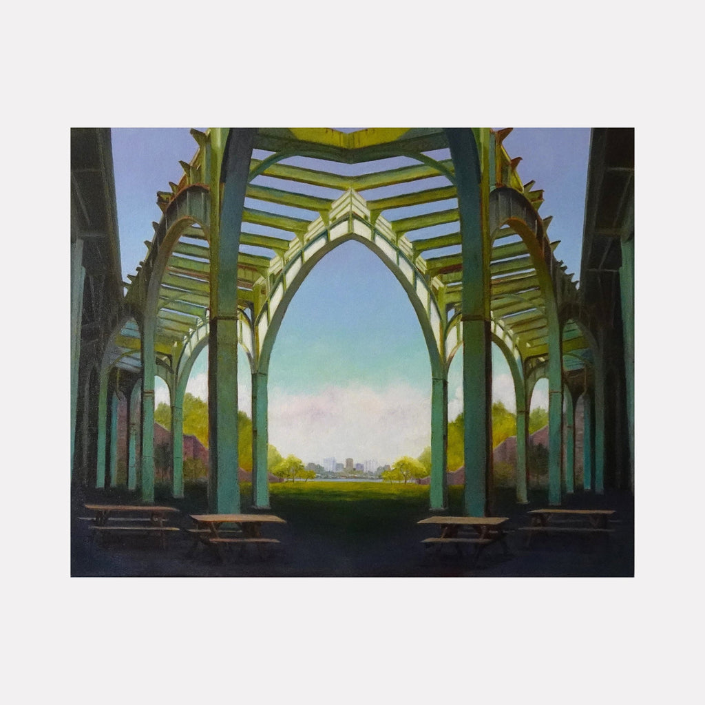 The artwork "Parkway Cathedral" by Jessica Ziegler depicts a grand architectural structure with tall, pointed arches and a greenish-yellow metal framework, resembling Gothic cathedral elements blended with modern industrial design. The composition features a park landscape beyond the open arches under a serene blue sky, evoking the atmospheric style of Edward Hopper.