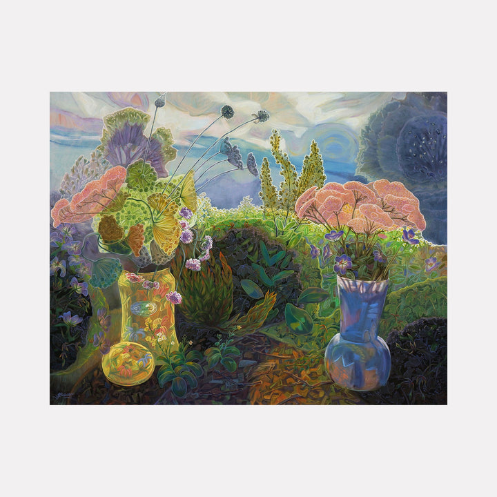 The artwork "Parsley in Summer" by Gina Blickenstaff in gallery position 1 features an imaginative garden scene where lush green foliage and pastel pink blossoms emerge from reflective vases. The layered textures and glowing light evoke the intricate botanical detail of Mary Delany and the vibrant dreamlike qualities of Marc Chagall’s florals, blending realism with surreal color harmonies.