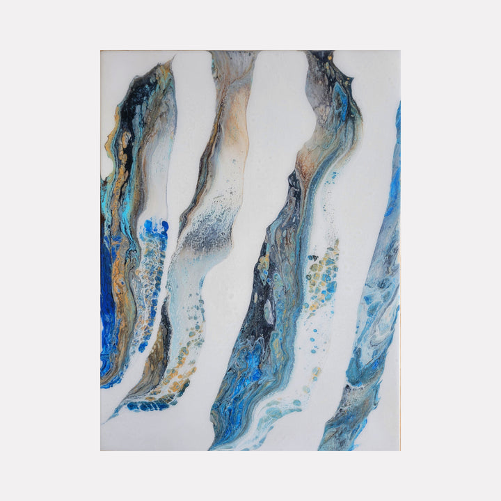 Passage by Swann Freslon features elongated, flowing abstract forms in shades of blue, gray, and muted gold, layered with textured details that evoke a sense of fluidity and natural movement within a calm, contemporary composition.