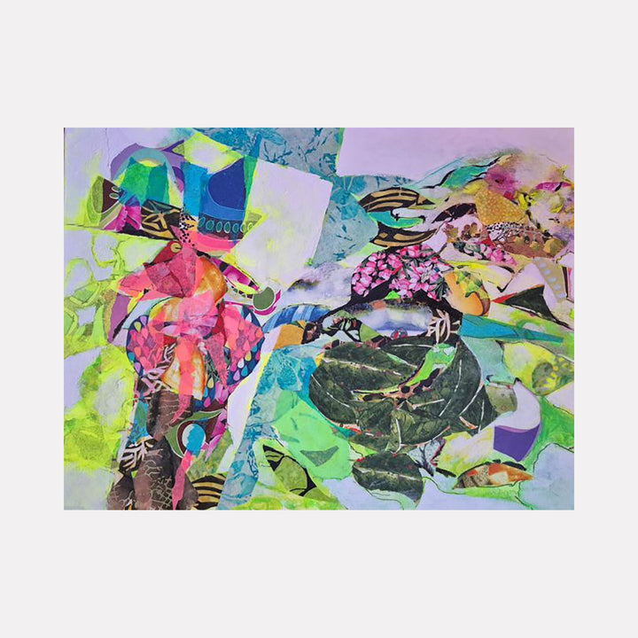 The artwork "Passing By" by James Ehling features an abstract landscape composed of vibrant, overlapping shapes in greens, purples, and pinks with intricate patterns and textured layers. The dynamic composition and vivid palette evoke the experimental collage styles of Henri Matisse and the organic abstraction of Jean Dubuffet.
