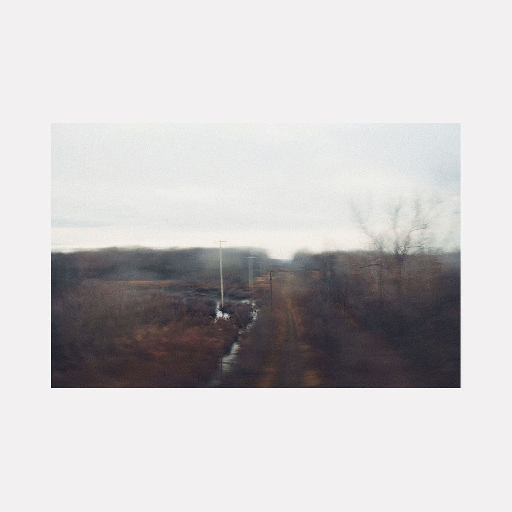 The artwork "Passing Though" by Kelly McGovern depicts a blurred rural landscape with muted tones of brown, gray, and pale blue, featuring a dirt road flanked by bare trees and telephone poles receding into a misty horizon. The soft-focus style evokes the atmospheric mood found in works by Gerhard Richter and the contemplative quietude reminiscent of Edward Hopper's landscapes.
