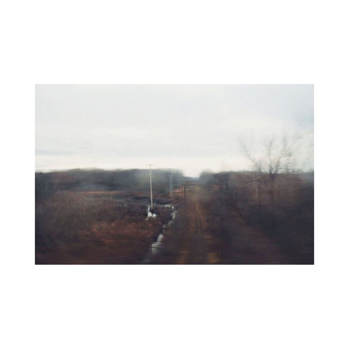 The artwork "Passing Though" by Kelly McGovern features a blurred, moody landscape with muted earth tones and soft textures, depicting a rural path lined with bare trees and utility poles fading into the distance under a pale, overcast sky. This ethereal piece captures movement and transition with a painterly, impressionistic style. Kelly McGovern.