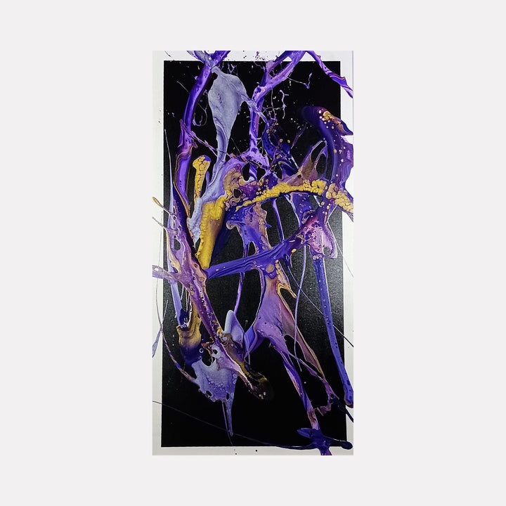 The artwork 'Passion' by Nicholas Franklin features dynamic splashes and streaks of vibrant purple paint intertwined with metallic gold accents against a deep black background. The abstract composition creates a sense of fluid movement, with paint appearing to dance and swirl across the canvas in dramatic, explosive patterns.