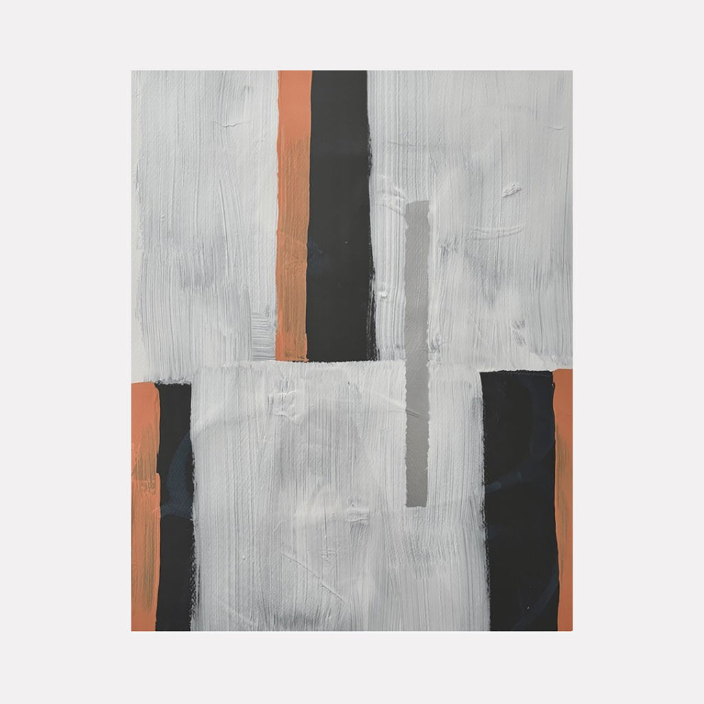 The artwork "Nueances of Depth" by Albion Vu features an abstract geometric composition with vertical and horizontal bands in muted gray tones contrasted with bold black and warm terracotta stripes. The textured, layered brushstrokes create a subtle depth and balance, evoking minimalist abstraction and the refined graphic sensibility seen in works by Agnes Martin and Ellsworth Kelly.