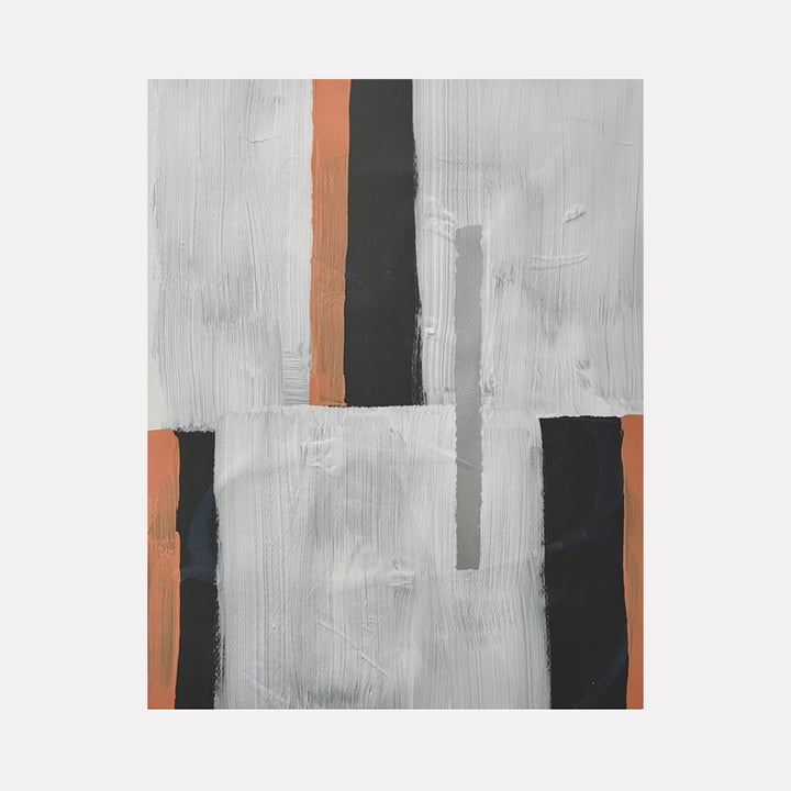 The artwork "Nueances of Depth" by Albion Vu features an abstract geometric composition with vertical and horizontal bands in muted gray tones contrasted with bold black and warm terracotta stripes. The textured, layered brushstrokes create a subtle depth and balance, evoking minimalist abstraction and the refined graphic sensibility seen in works by Agnes Martin and Ellsworth Kelly.
