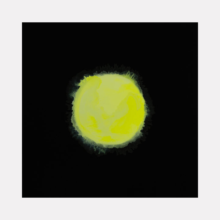 The artwork "#11" by Patrick Walsh in gallery position 1 features a luminous, soft-edged yellow orb set against a deep black background, evoking a glowing celestial body. The subtle color shifts and blurred contours recall the ethereal light effects found in James Turrell’s installations combined with the minimalist focus on form and space reminiscent of Ellsworth Kelly's abstract compositions.