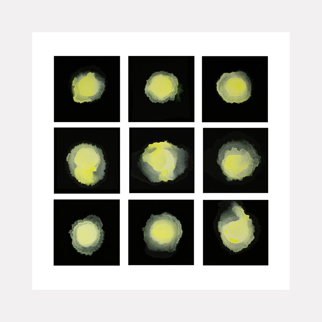 The artwork "#15" by Patrick Walsh in gallery position 1 features a grid of nine abstract, softly layered circular forms in pale yellow and muted gray against a stark black background. The subtle gradients and diffused edges evoke the minimalist sensibility of Agnes Martin combined with the atmospheric softness reminiscent of Mark Rothko’s color fields.