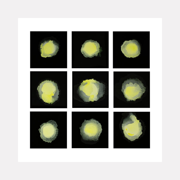 The artwork "#15" by Patrick Walsh in gallery position 1 features a grid of nine abstract, softly layered circular forms in pale yellow and muted gray against a stark black background. The subtle gradients and diffused edges evoke the minimalist sensibility of Agnes Martin combined with the atmospheric softness reminiscent of Mark Rothko’s color fields.