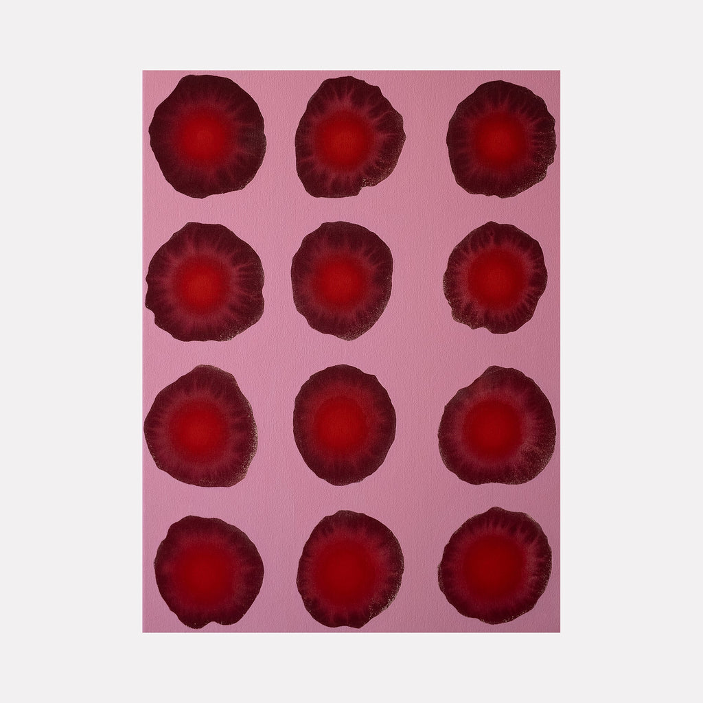 The artwork "#1 (Alizarin)" by Patrick Walsh in gallery position 1 presents a grid of twelve deep red circular forms with scalloped, organic edges set against a pale pink background. The textured layers and intense color contrast evoke the meditative repetition of Agnes Martin and the luminous minimalism of Mark Rothko.