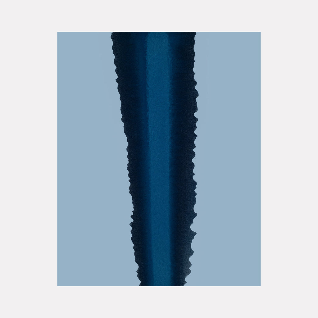 The artwork "#2 (Prussian Blue)" by Patrick Walsh in gallery position 1 features a vertical band of rich, textured deep blue with irregular, scalloped edges set against a muted slate-blue background. The minimalist composition and layered color gradients evoke the contemplative grids of Agnes Martin and the monochromatic intensity of Yves Klein.