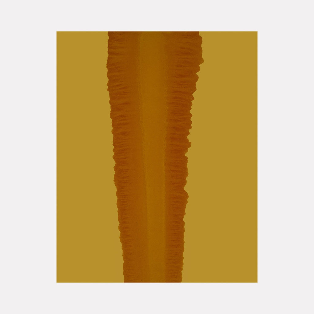 The artwork "#2 (Yellow)" by Patrick Walsh in gallery position 1 showcases a vertical band of textured amber hues with organic, uneven edges set against a rich golden yellow background. The minimalist abstraction and subtle layering evoke the meditative grids of Agnes Martin and the serene color fields of Mark Rothko.