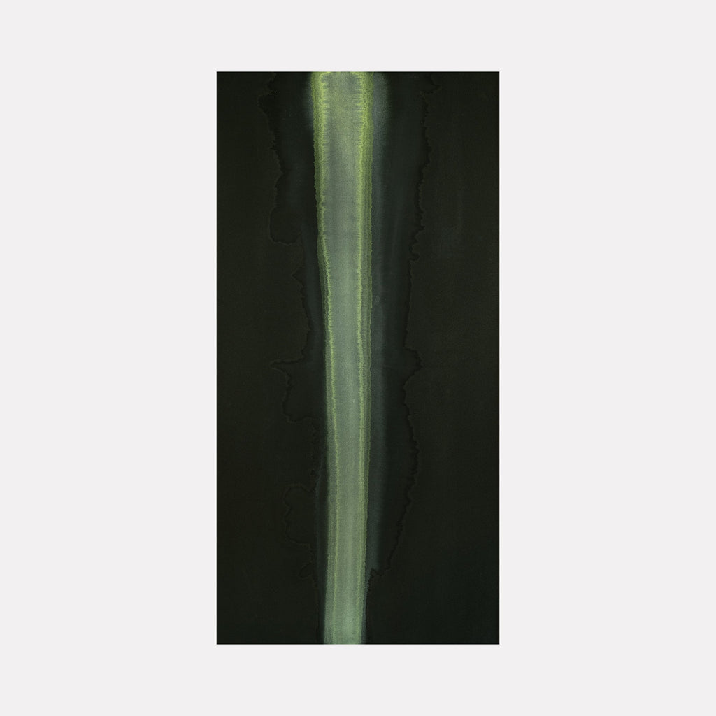 The artwork "#3" by Patrick Walsh in gallery position 1 presents a single, vertical streak of deep green with subtle variations and softly blurred edges extending through a pitch-black background. Its restrained palette and contemplative simplicity evoke the minimalist abstraction of Agnes Martin alongside the atmospheric depth found in Mark Rothko’s muted fields.