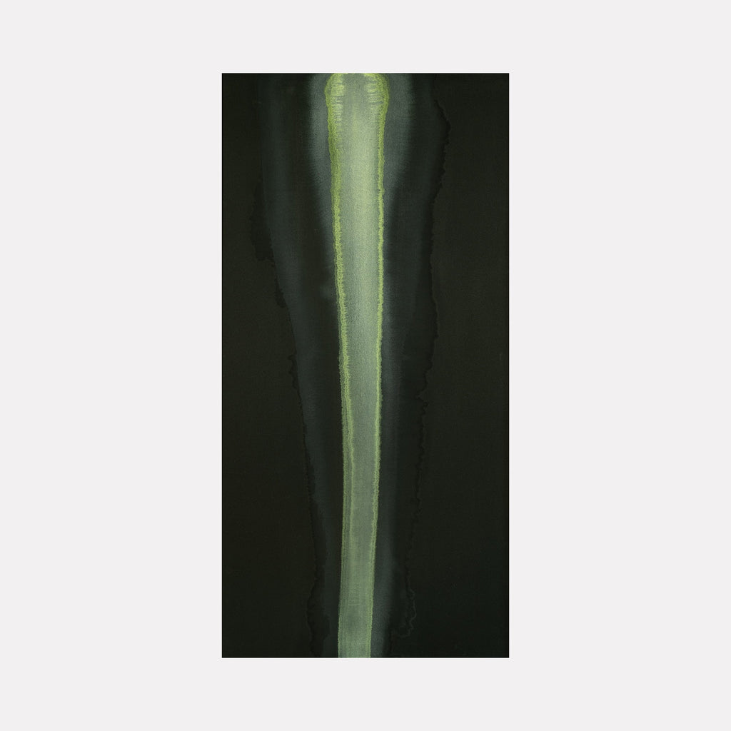 The artwork "#4" by Patrick Walsh in gallery position 1 features a tall, narrow column of muted green with softly textured edges, set against an enveloping deep black background. Its vertical elongation and subtle tonal shifts recall the meditative minimalism of Agnes Martin and the serene abstraction found in Mark Rothko’s darker palettes, evoking a quiet, contemplative atmosphere.