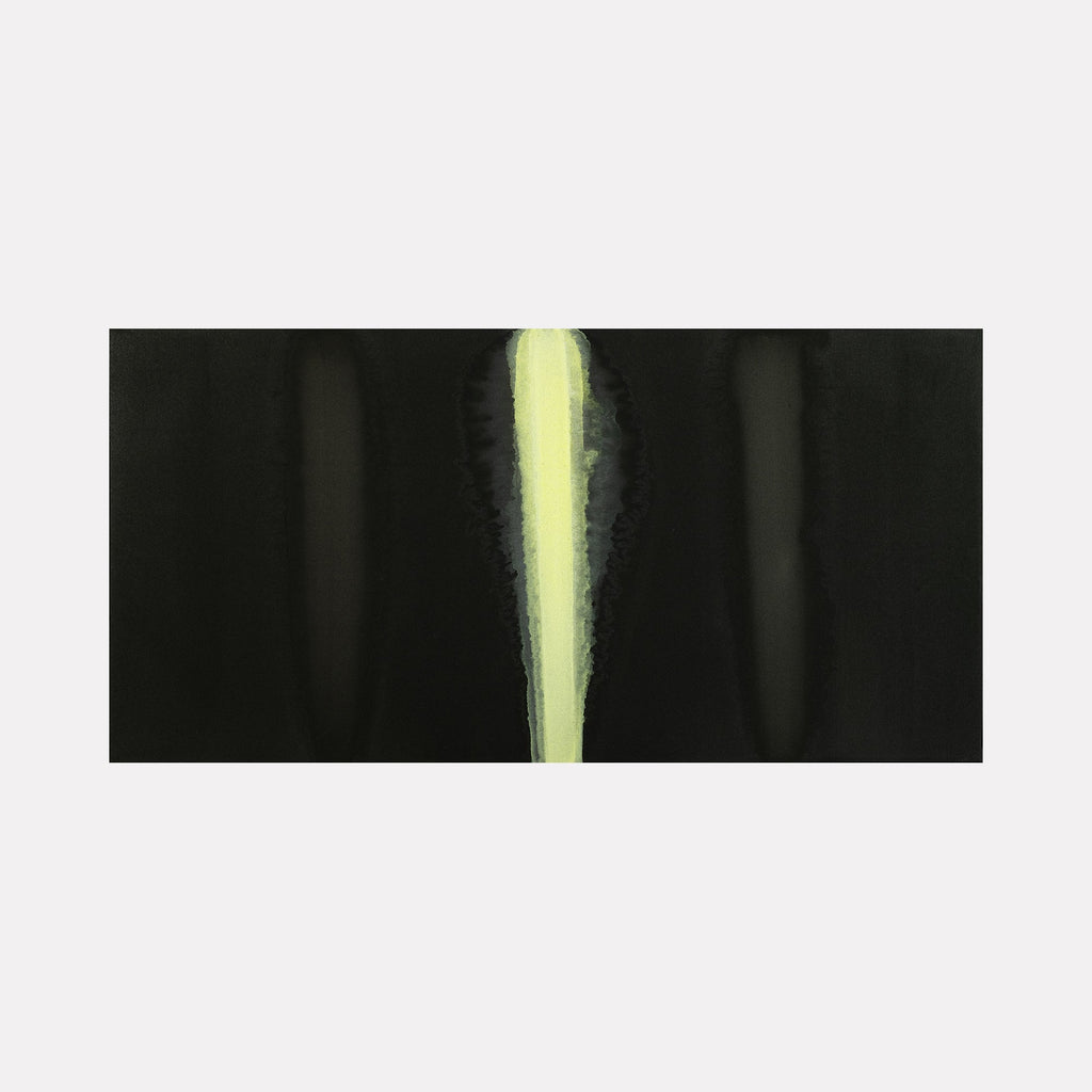 The artwork "#8" by Patrick Walsh in gallery position 1 features a slender, vertical streak of pale yellow-green set against a deep black backdrop. The softly blurred edges and subtle gradations evoke the minimal yet atmospheric abstractions of Ad Reinhardt, while its cool tones and contemplative simplicity recall the meditative style of Agnes Martin.
