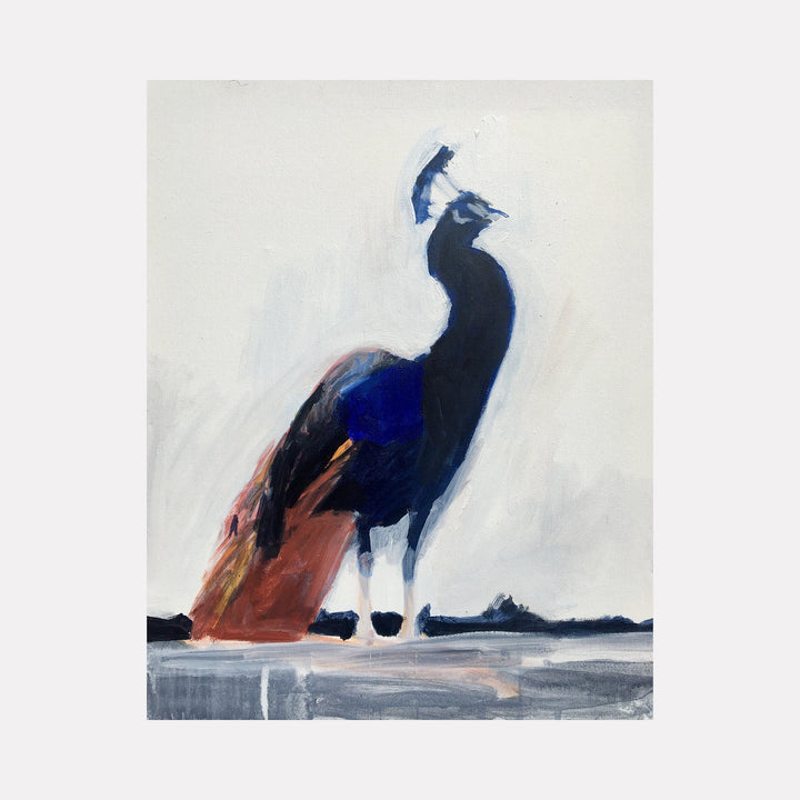 The artwork "Peacock II" by Chris Baily features a stylized peacock silhouette with bold, dark blue and black tones contrasted by warm rust and subtle white highlights. The textured brushstrokes and minimalist background evoke the modernist simplicity and expressive forms reminiscent of Franz Kline and Milton Avery.