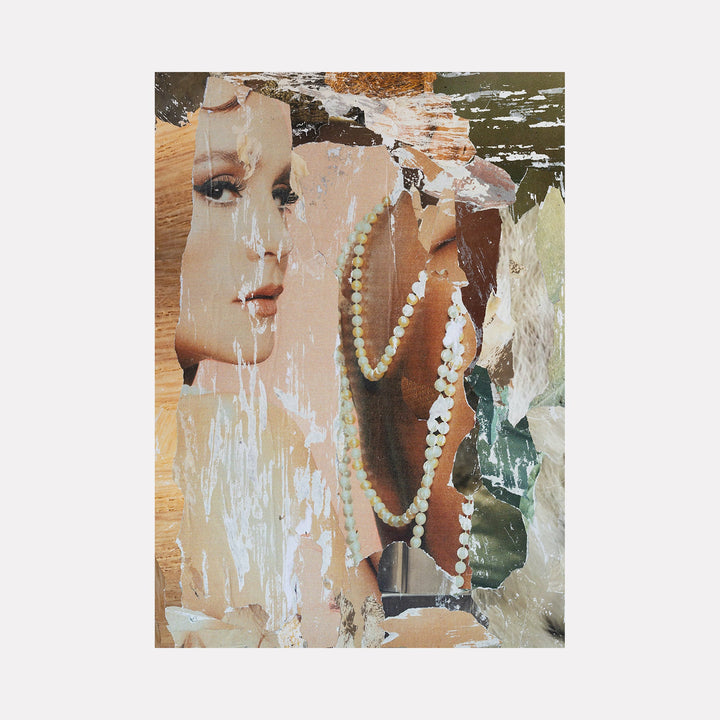 The artwork "Pearls of Beauty" features layered torn paper textures revealing a partially visible female face alongside strands of white and cream pearls against a background of muted greens, browns, and beiges. The collage style blends realism with abstract elements. By Amy Turner.