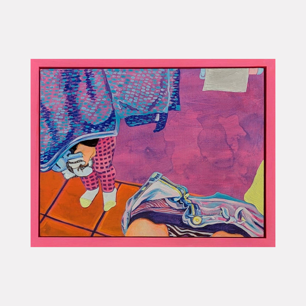 The artwork "Peekaboo" by Mary Younkin features a vibrant scene with rich purples, blues, and oranges, depicting a child playfully hiding behind textured blue fabric with bold patterns. The composition includes contrasting geometric shapes and soft, rounded forms reminiscent of contemporary pop art and the playful style of David Hockney. The product "Peekaboo" by Mary Younkin.