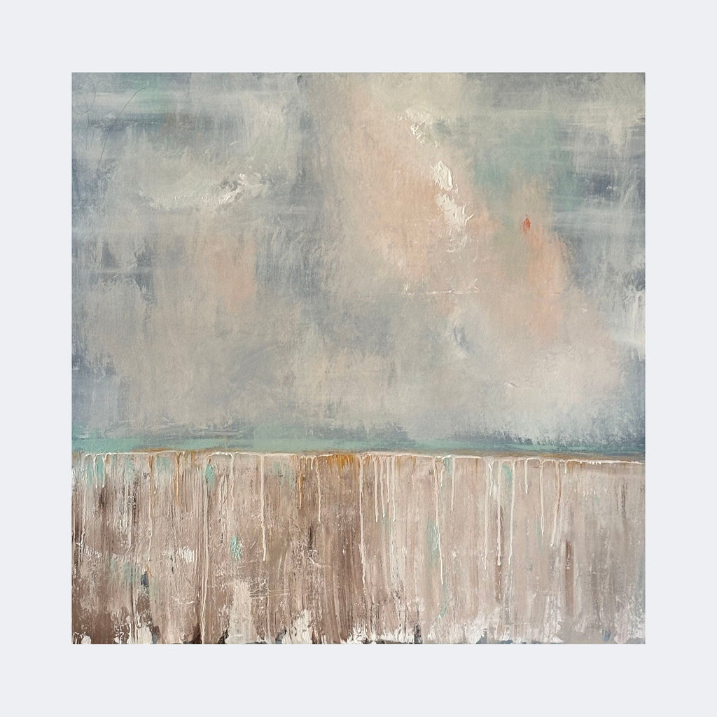 The artwork "Peeking Through" by Tammy Kushnir features an abstract composition with soft, muted tones of blue, beige, and hints of peach. The textured layers create a misty atmosphere reminiscent of the subtle brushwork seen in J.M.W. Turner’s landscapes, blending a serene horizon with vertical streaks evoking aged wood or weathered surfaces.