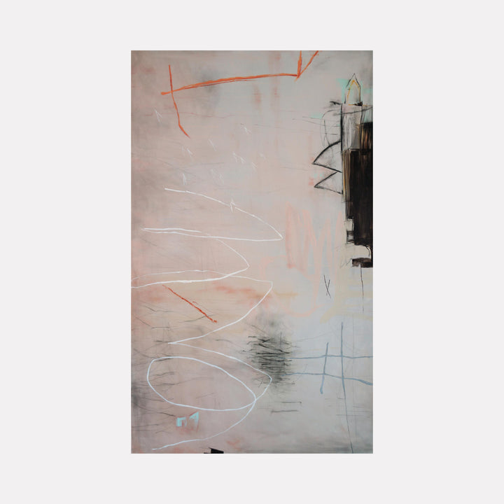 Peixi by Victoria Primicias features an abstract design with soft, muted beige and peach tones accented by fine linear strokes in white, black, orange, and pale blue. The composition blends delicate scribbles and geometric shapes with textured shading, evoking a subtle, contemplative mood through its airy, minimalist layers.