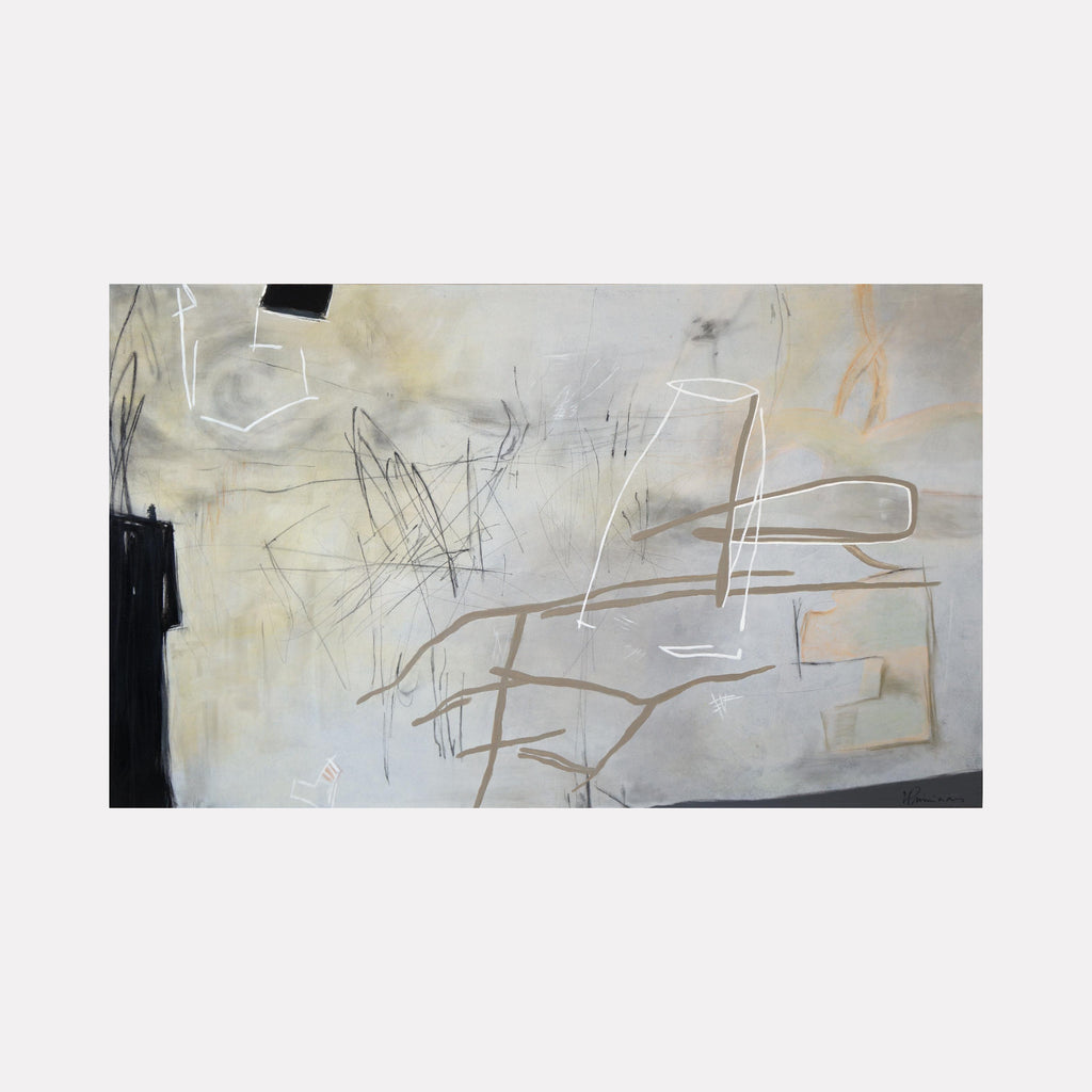 Perdido by Victoria Primicias features an abstract composition with soft, muted grays and beige tones layered with delicate linear marks in white, black, and warm brown. The artwork conveys a subtle, contemplative mood through its airy, minimal forms and textured interplay of organic and geometric shapes.