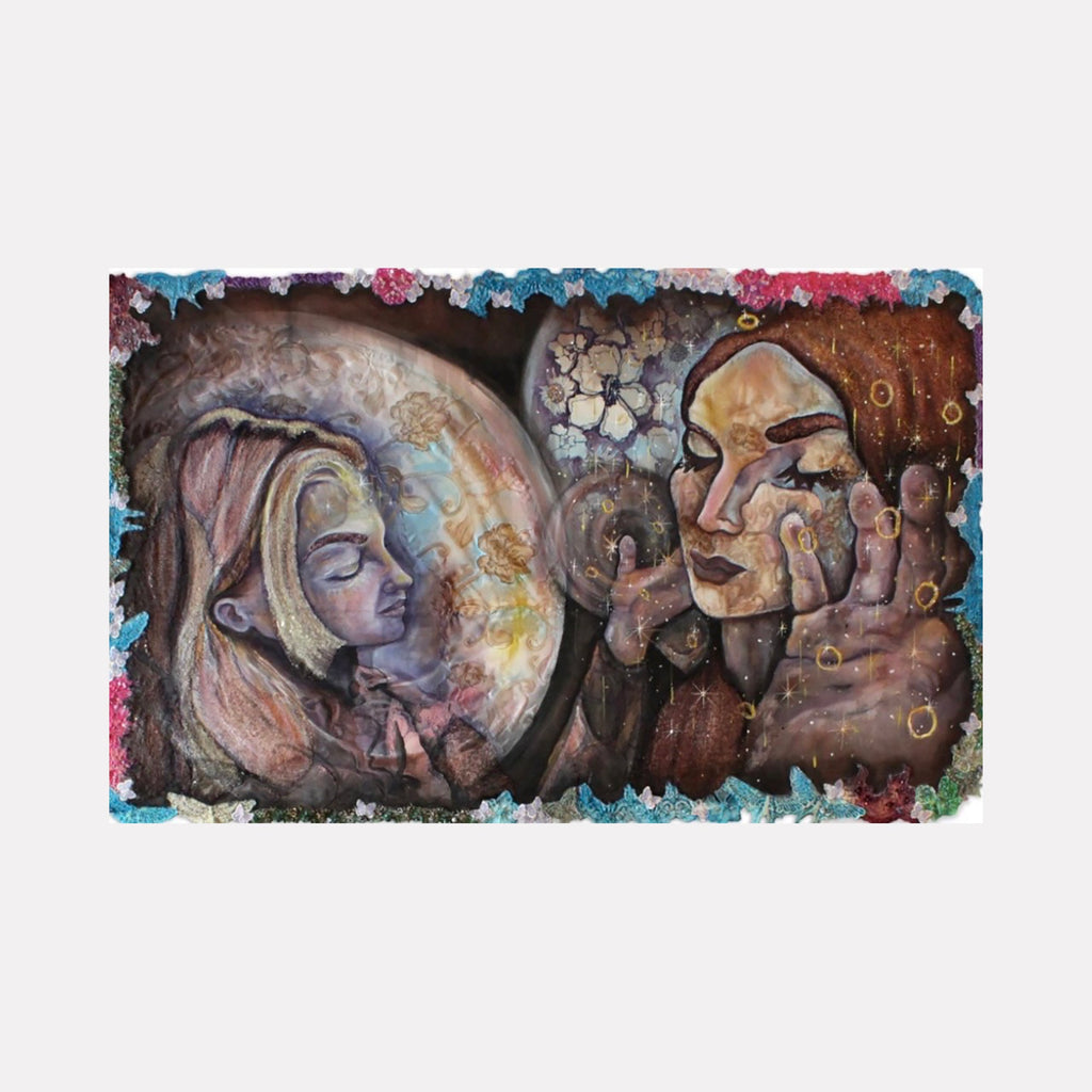 The artwork "Perhaps, I Made You Up" features two abstract female figures gazing at each other through a translucent orb, surrounded by textured patterns and earthy tones of brown, beige, blue, and red. The piece incorporates dreamy, surreal elements with layered brushstrokes and soft lighting effects. By Laurie Shapiro.