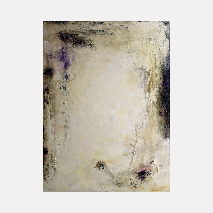 The artwork "Perseverance" by Deborah Chaney features an abstract composition with a textured surface blending muted cream, beige, and soft purple hues accented by dark, shadowy areas. The style evokes the atmospheric qualities of Mark Rothko and the subtle textures reminiscent of Anselm Kiefer, conveying depth and contemplation.