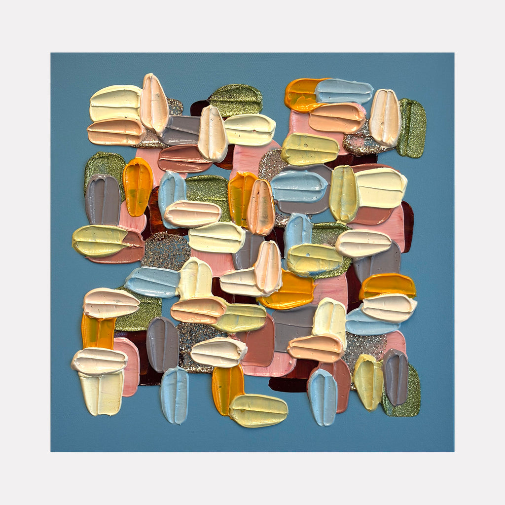Petal Puff by Shiri Phillips showcases thick, rounded brushstrokes in soft pastels, warm oranges, muted blues, and earthy greens with touches of shimmer. The layered abstract forms create a textured, tactile effect that evokes a gentle, playful rhythm and contemporary warmth in a harmonious, inviting palette.