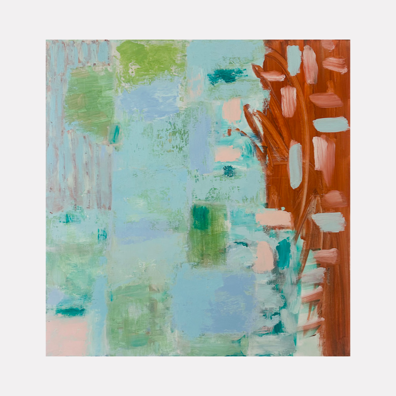 Ain’t Gonna Drown in the Water by Petra Nimtz showcases an abstract composition with soft blue and green brushstrokes blending with blocks of terra cotta and peach hues, creating a textured, modern painting that evokes a sense of layered depth and subtle natural forms through expressive, fluid strokes.