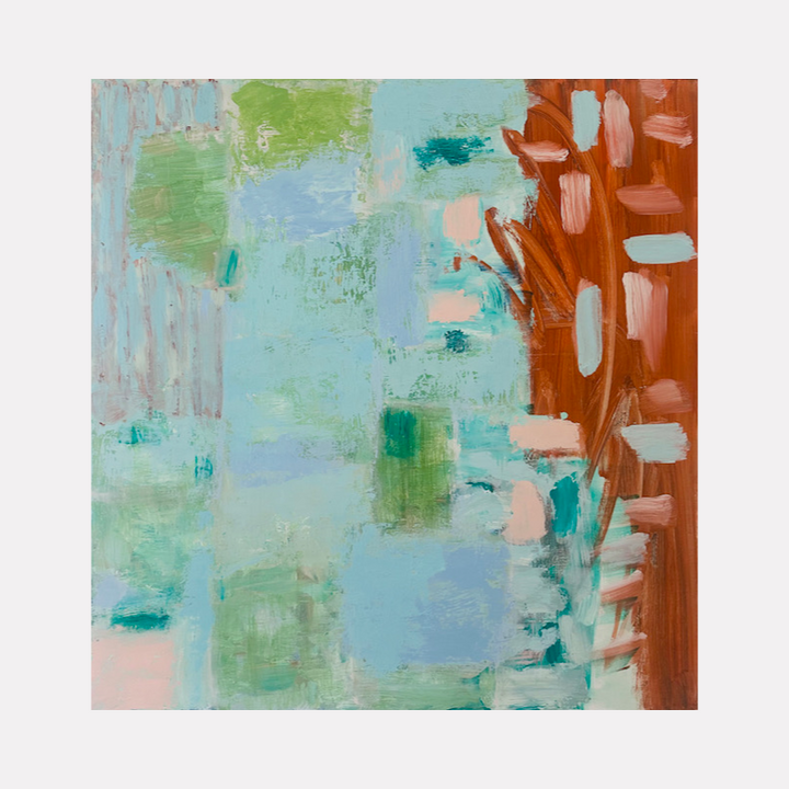 Ain’t Gonna Drown in the Water by Petra Nimtz showcases an abstract composition with soft blue and green brushstrokes blending with blocks of terra cotta and peach hues, creating a textured, modern painting that evokes a sense of layered depth and subtle natural forms through expressive, fluid strokes.