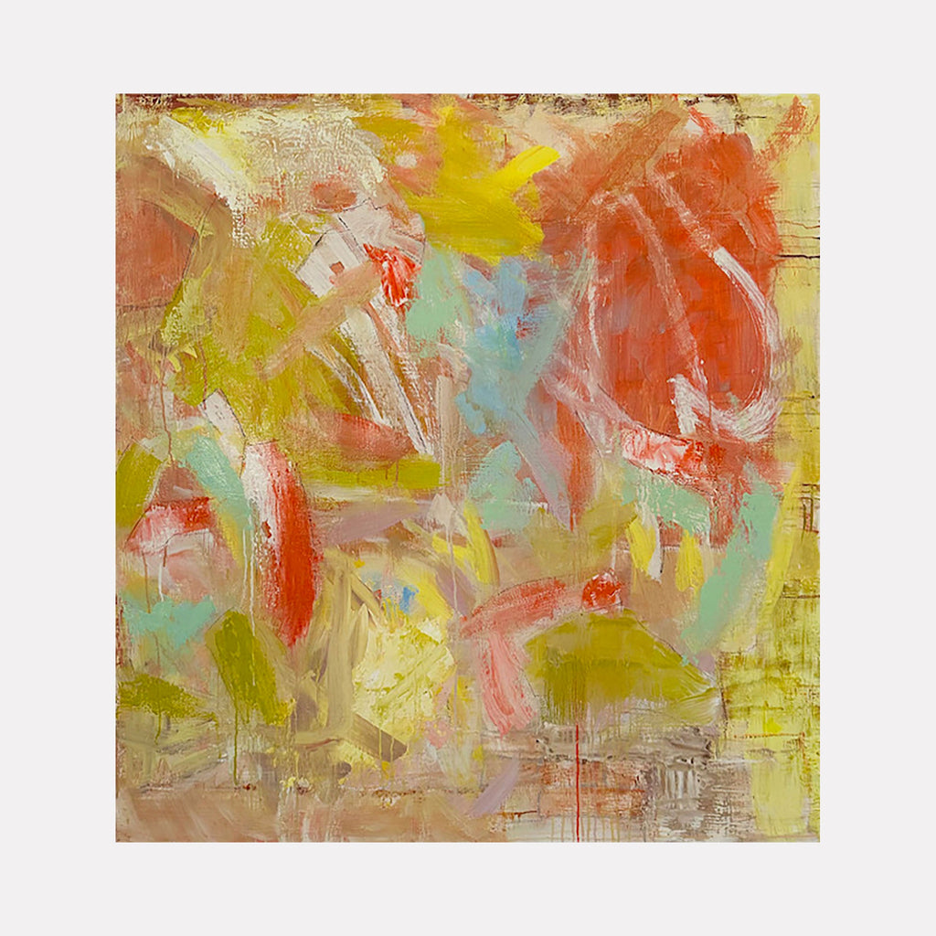 The artwork "Dear Troubles, I Miss You" by Petra Nimtz features an abstract composition with bold, sweeping brushstrokes in warm oranges, yellows, and muted greens, contrasted by soft blues and pinks. The layered texture and dynamic movement evoke styles reminiscent of Willem de Kooning and Joan Mitchell, blending chaos and harmony in an expressive, contemporary manner.