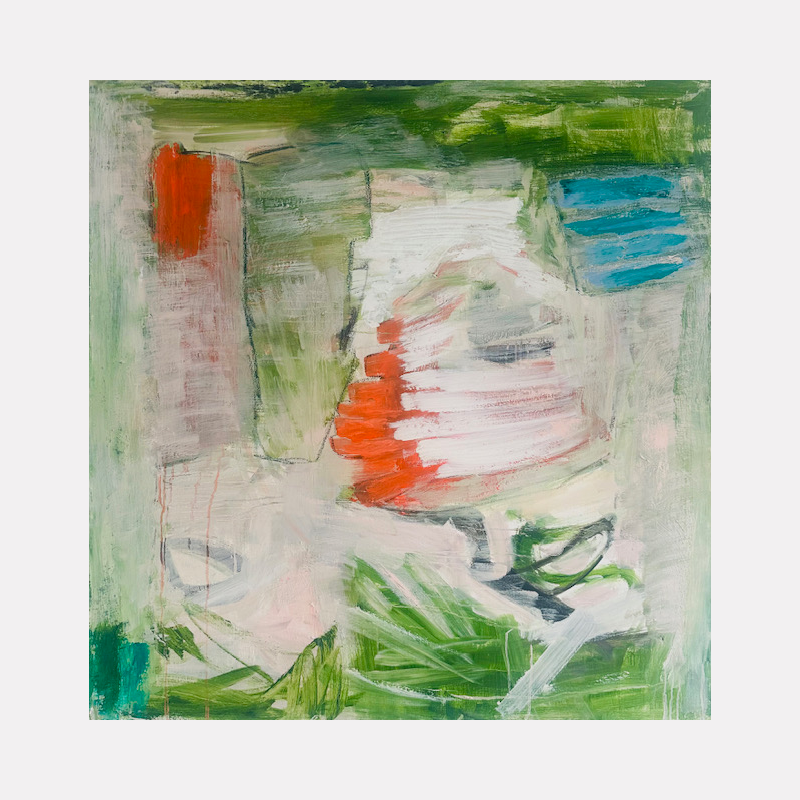 Nothing Really Matters, Love is All I Need by Petra Nimtz offers an abstract composition with layered brushstrokes in soft greens, whites, and bold accents of red and blue. The textured oil on linen creates a dynamic yet harmonious balance, evoking a thoughtful and emotive atmosphere that invites personal interpretation and reflection.