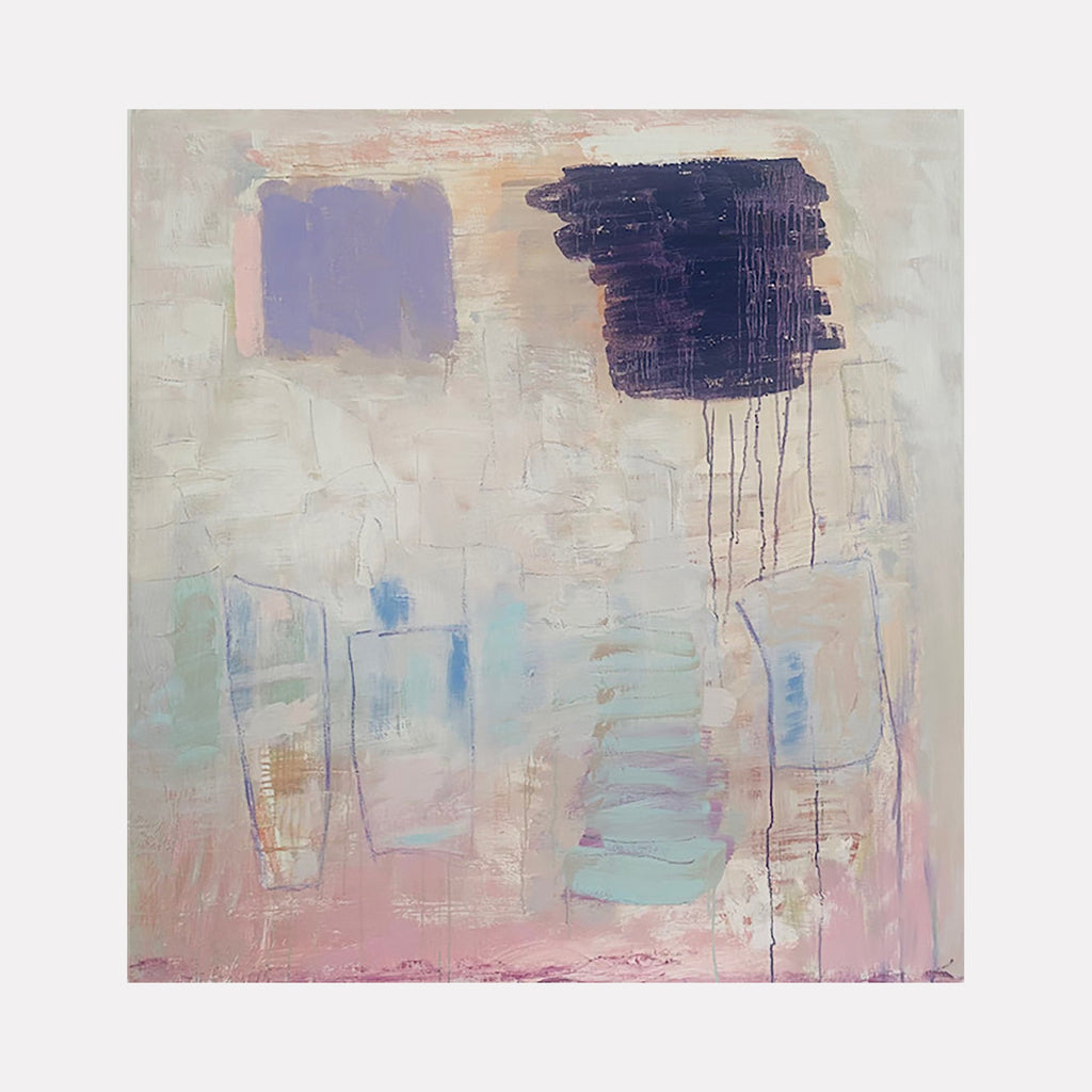 The artwork "Persistence of Memory" by Petra Nimtz features an abstract composition with soft pastel hues of pink, blue, and beige, contrasted by bold blocks of purple and black with textured, layered brushstrokes. The piece evokes a subtle dreamlike quality reminiscent of Mark Rothko’s color fields and Cy Twombly’s expressive marks.