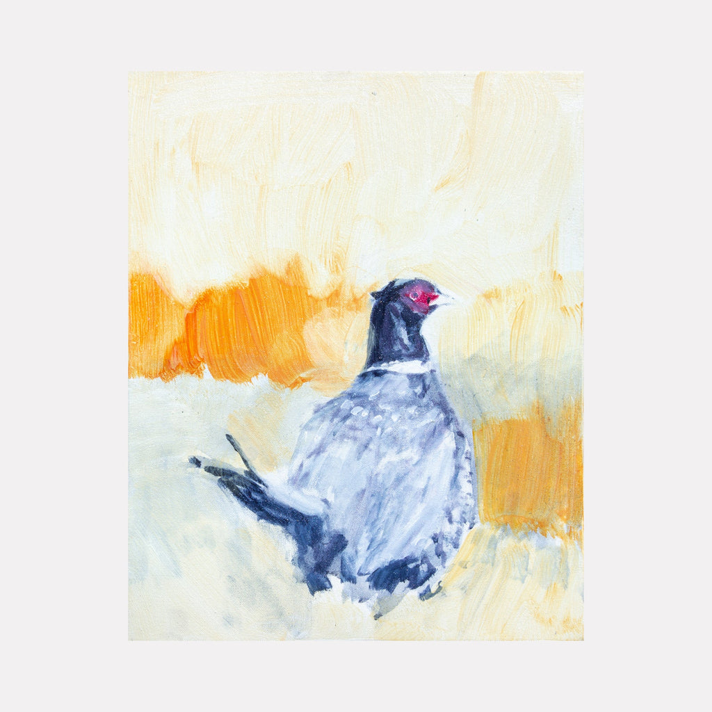 The artwork "Pheasant" by Chris Baily features a loosely rendered bird with soft, expressive brushstrokes in muted grays and blacks contrasted with warm orange and beige background hues. The textured, impressionistic style evokes the subtle naturalism and atmospheric qualities found in works by John Singer Sargent and Winslow Homer.