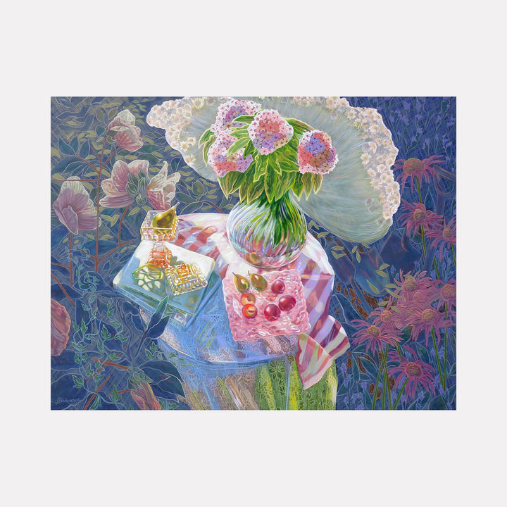 The artwork "Phlox and Daisies" by Gina Blickenstaff in gallery position 1 depicts a luminous floral arrangement with clusters of pink and white blossoms in a translucent vase set atop a textured surface featuring a striped cloth and scattered cherries. The layered, intricate patterns and ethereal light reflect the delicate detail of Mary Delany and the dreamlike ambiance reminiscent of Odilon Redon.