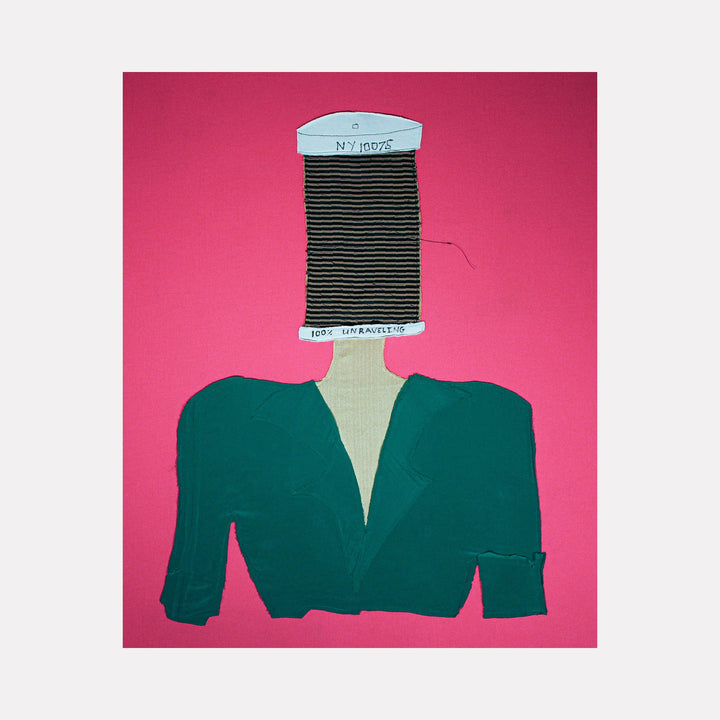 The artwork 'Picking Up The Threads Of Time' by Ali Ha features a surreal collage of a green tailored jacket with a spool of black thread positioned where the head would be, set against a vibrant pink background. The piece combines donated fabric in applique technique with acrylic paint details, creating a thought-provoking juxtaposition of fashion and time. By Ali Ha.