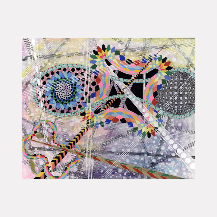 The artwork "Pictures at a Cosmic Exhibition" features intricate geometric shapes including overlapping circles, spirals, and angular forms adorned with vibrant rainbow-like patterns and dotted textures. The background blends soft pastel hues of purple, yellow, and blue with delicate intersecting lines creating a cosmic, abstract ambiance. By Amy Cheng.