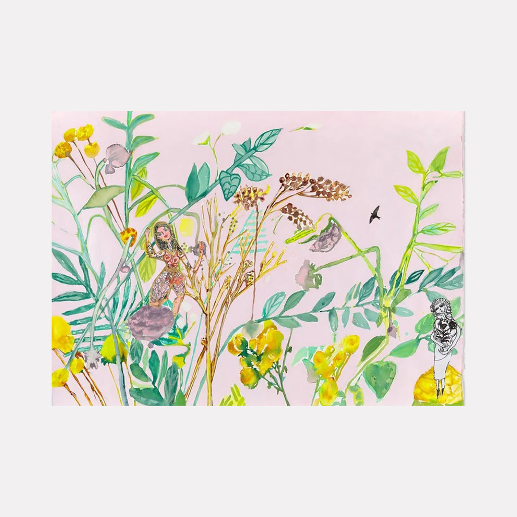 The artwork "Pink Jubilee" by Lisa Warren features delicate botanical elements with green leaves, yellow flowers, and brown seed pods against a soft pink background. The composition includes detailed figures and a small bird, blending naturalistic and whimsical styles reminiscent of Henri Rousseau’s lush plant life paintings.