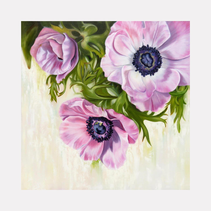 The artwork "Pink Lemonade" by Carla Thomson features delicate pink anemone flowers with soft, velvety petals and dark, intricate centers set against a light, textured background. The composition and color palette evoke the refined floral still lifes of Georgia O'Keeffe and the gentle realism of contemporary botanical art, blending natural elegance with subtle impressionistic touches.