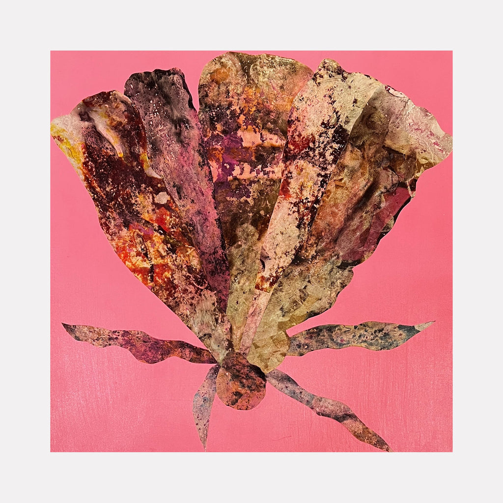 The artwork 'Pink Sea Fan 1' by Sunny Chapman features a textured coral-like form against a vibrant pink background. The fan-shaped composition displays rich earthy browns, deep burgundies, and weathered beiges, created through acrylic and collaged alchemic prints. The organic sea fan structure exhibits delicate branching patterns on a 12x12 inch wood panel.