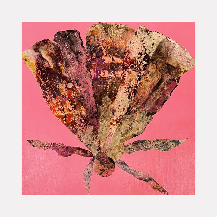 The artwork 'Pink Sea Fan 1' by Sunny Chapman features a textured coral-like form against a vibrant pink background. The fan-shaped composition displays rich earthy browns, deep burgundies, and weathered beiges, created through acrylic and collaged alchemic prints. The organic sea fan structure exhibits delicate branching patterns on a 12x12 inch wood panel.