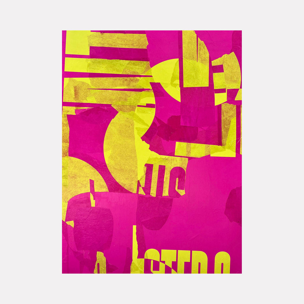 The artwork "Pink & Yellow" features an abstract collage of vibrant pink and yellow geometric shapes and textured layers, creating a dynamic and modern visual effect with a mix of bold blocks and fragmented forms. The piece "Pink & Yellow" by Amy Turner captures energetic contrasts and artistic depth.