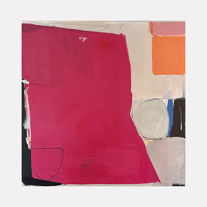 Pinkie by Leslie Thornton showcases a vibrant abstract arrangement with a dominant bold pink shape set against soft beige and muted gray areas, highlighted by an orange square and subtle black and blue accents, creating a dynamic and harmonious composition that balances striking color contrasts with gentle textural details.