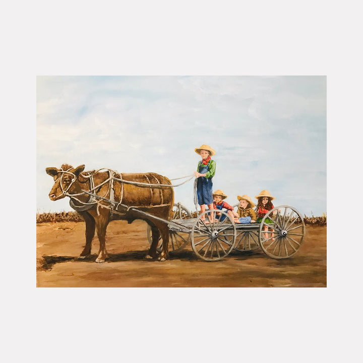 Pioneer Children by Lynnette Horn depicts rustic wooden wagon drawn by brown horse on dusty trail, acrylic painting in warm earth tones