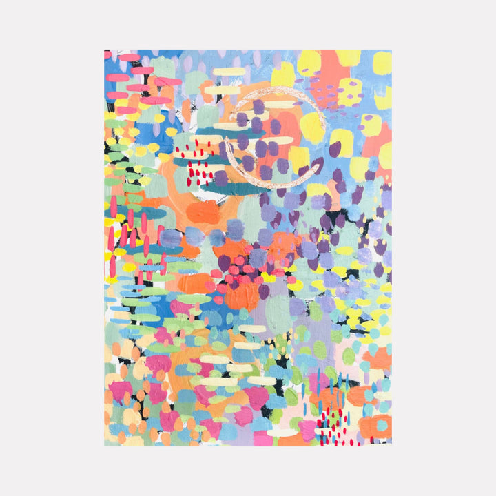The artwork 'Pixel Rainbow 2' by Alexandra Jamieson features a vibrant abstract composition with pixelated patterns in pastel and bright hues. The painting combines coral, yellow, lavender, and turquoise dots and blocks, creating a dynamic mosaic effect. Gold foil accents complement the acrylic paint, creating a playful and modern aesthetic.